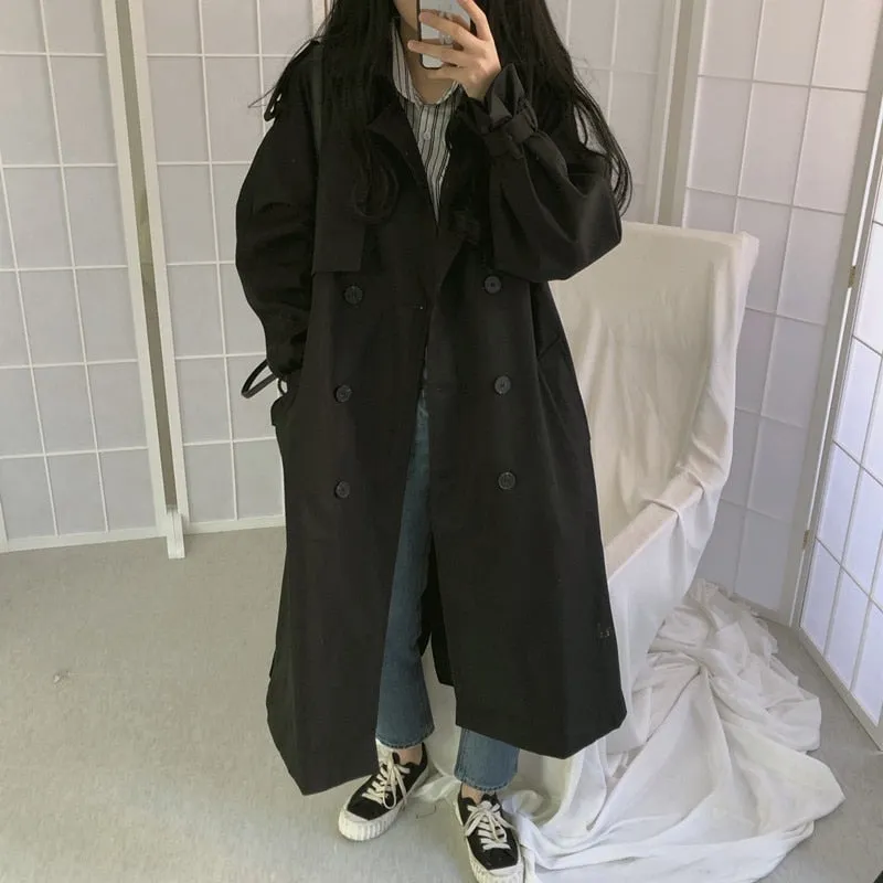 Joskaa Chic Women Trench Coat Casual Women's Long Outerwear Loose Overcoat Autumn Winter Fashion Double-breasted Windbreaker Femme