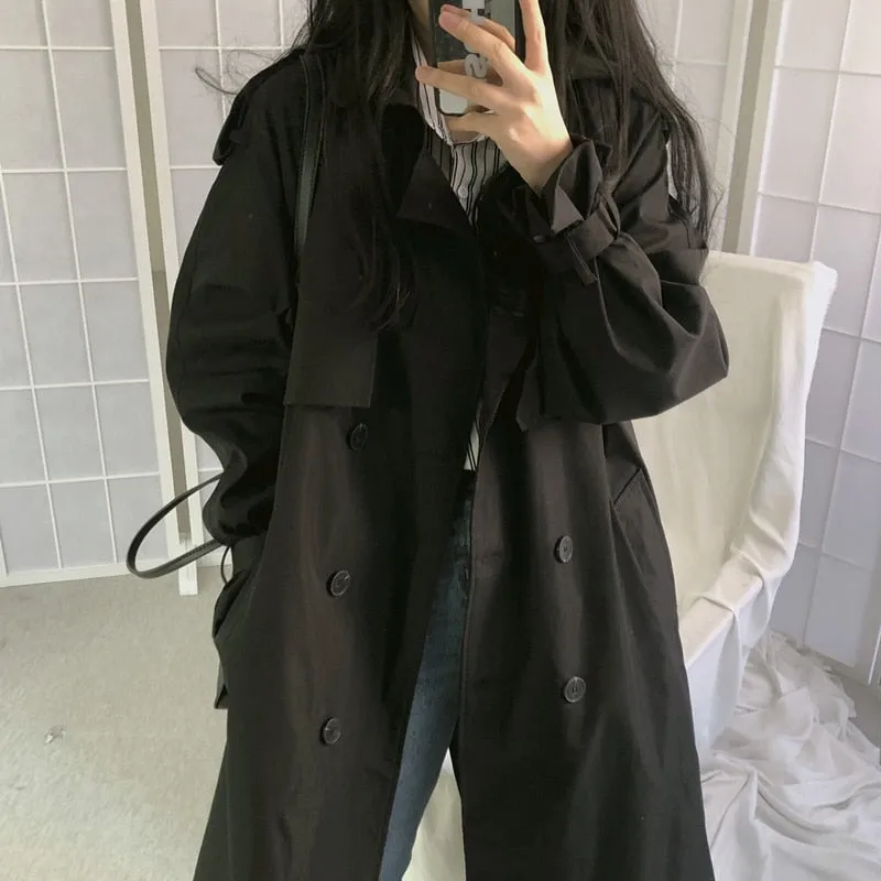 Joskaa Chic Women Trench Coat Casual Women's Long Outerwear Loose Overcoat Autumn Winter Fashion Double-breasted Windbreaker Femme