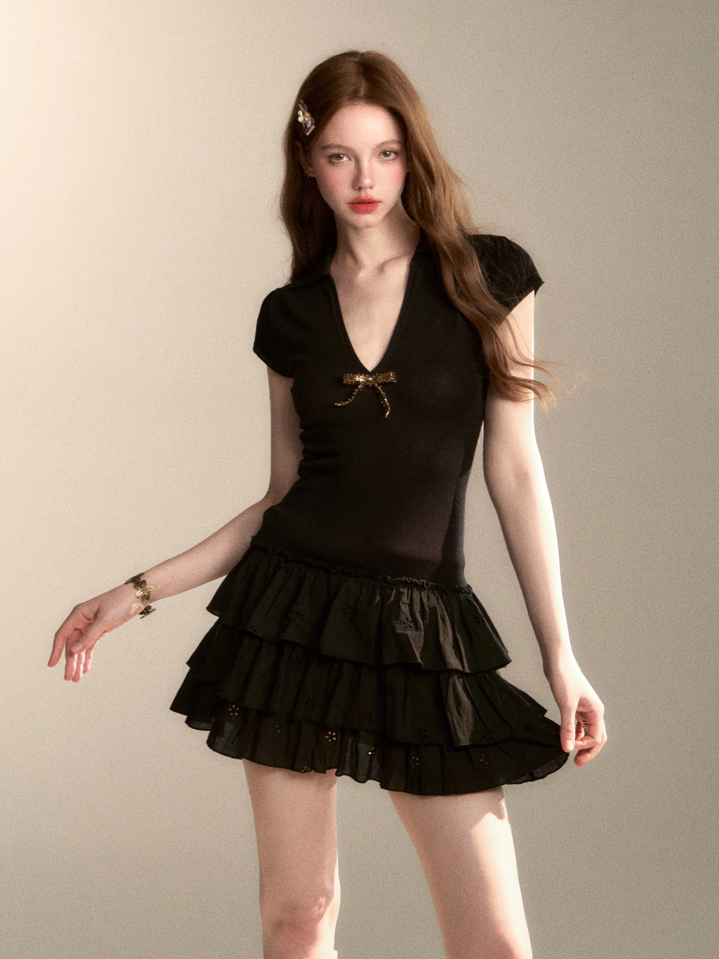 Knit Stitched Bow V-Neck Cake Dress
