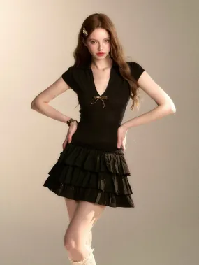 Knit Stitched Bow V-Neck Cake Dress