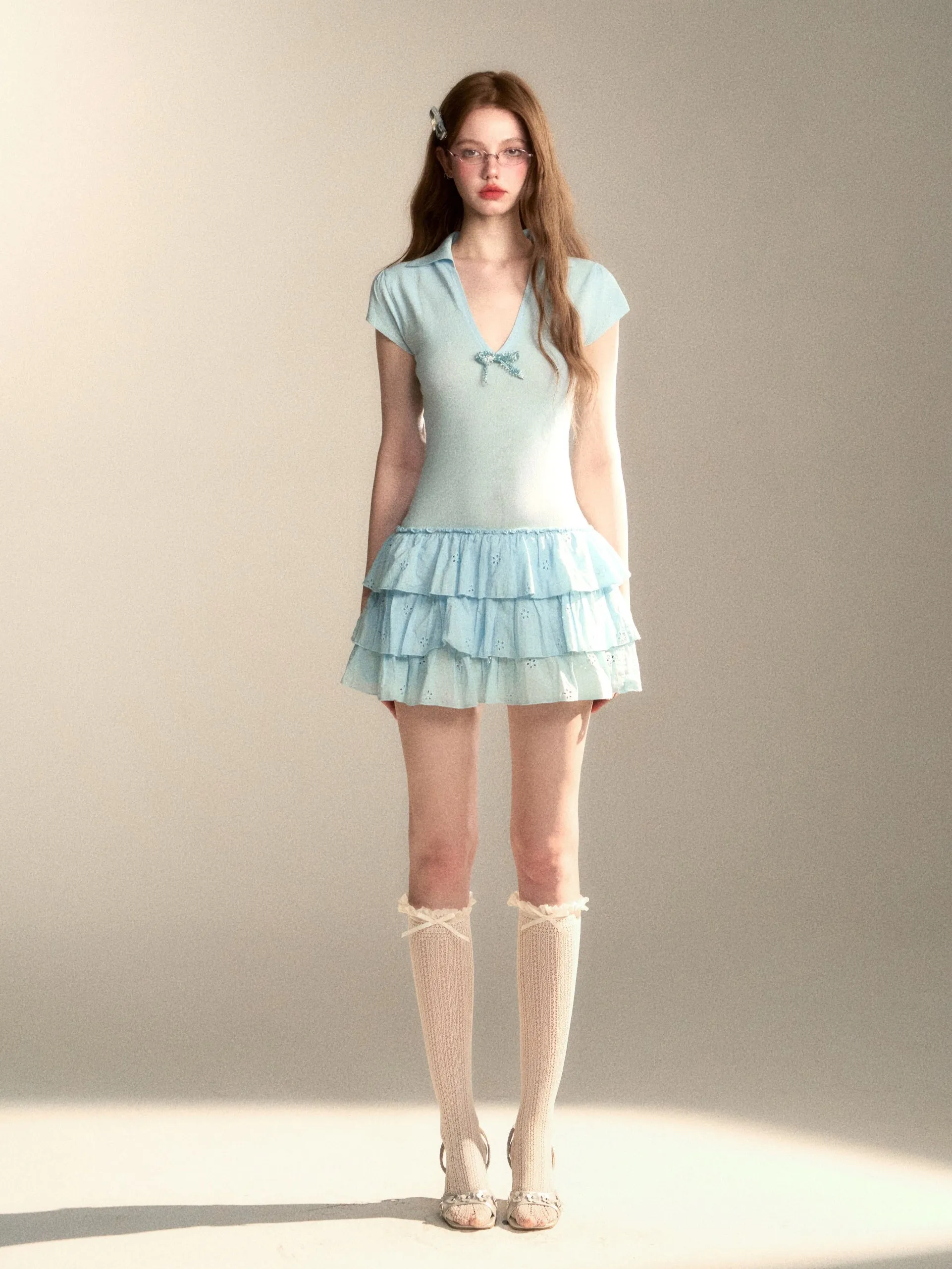 Knit Stitched Bow V-Neck Cake Dress