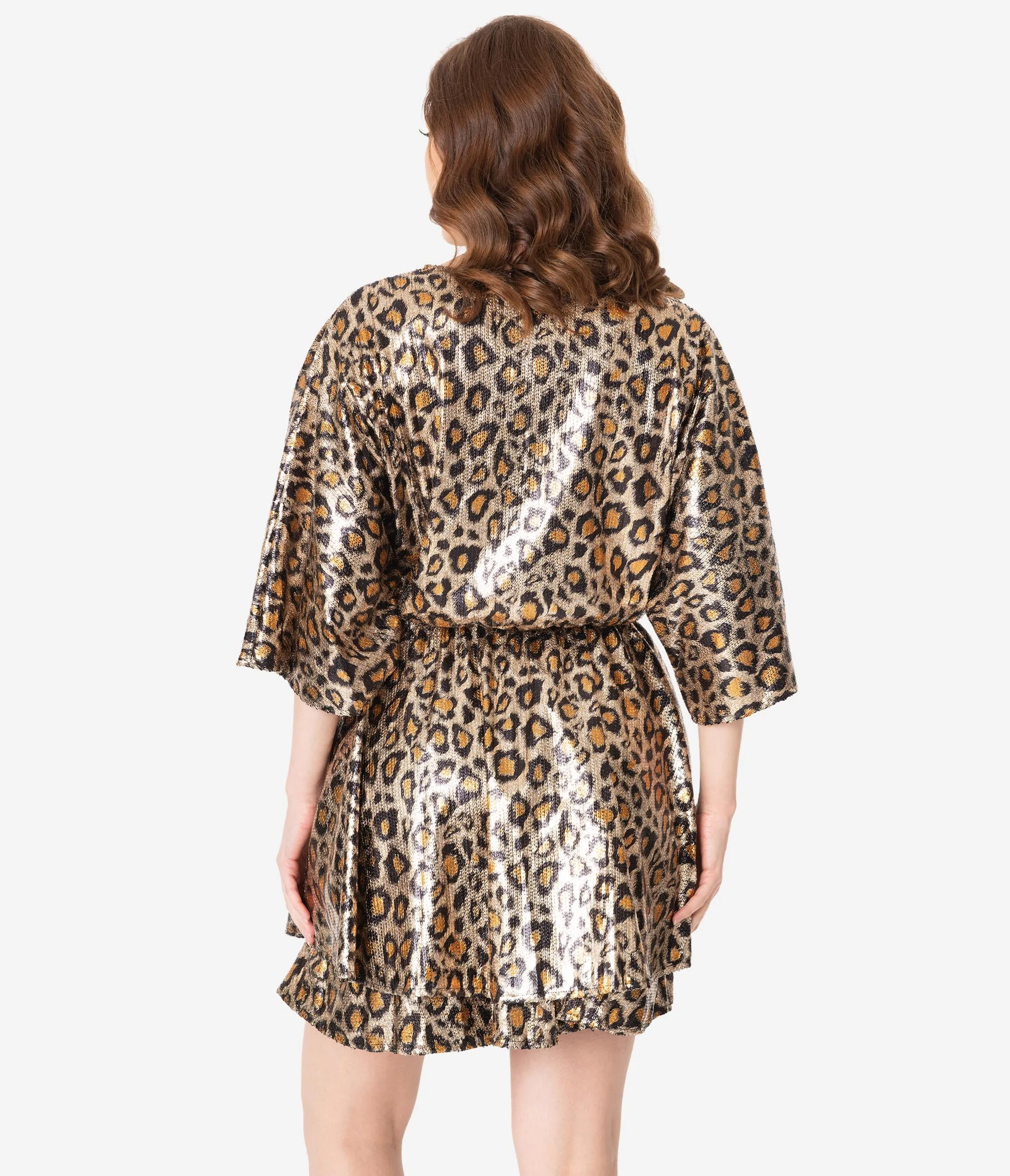 Leopard Print Metallic Kimono Sleeve Dress