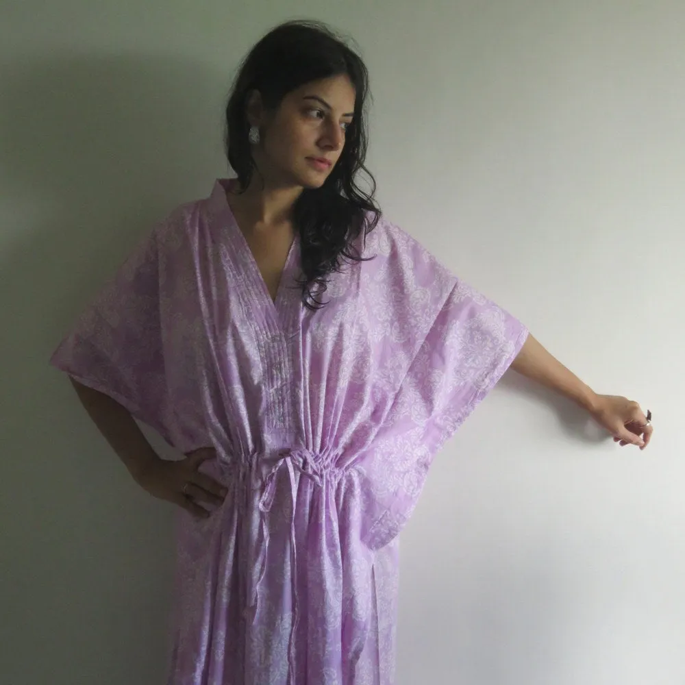 Lilac Damask V-Neck Button Down to Waist, Ankle Length, Cinched Waist Caftan