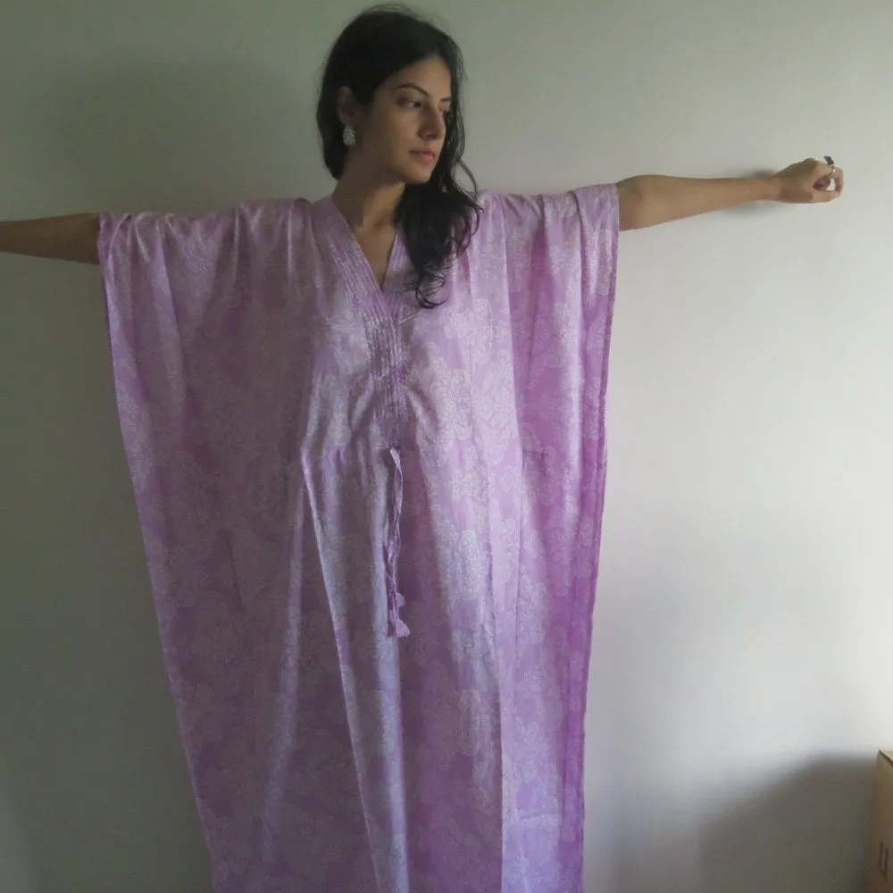 Lilac Damask V-Neck Button Down to Waist, Ankle Length, Cinched Waist Caftan