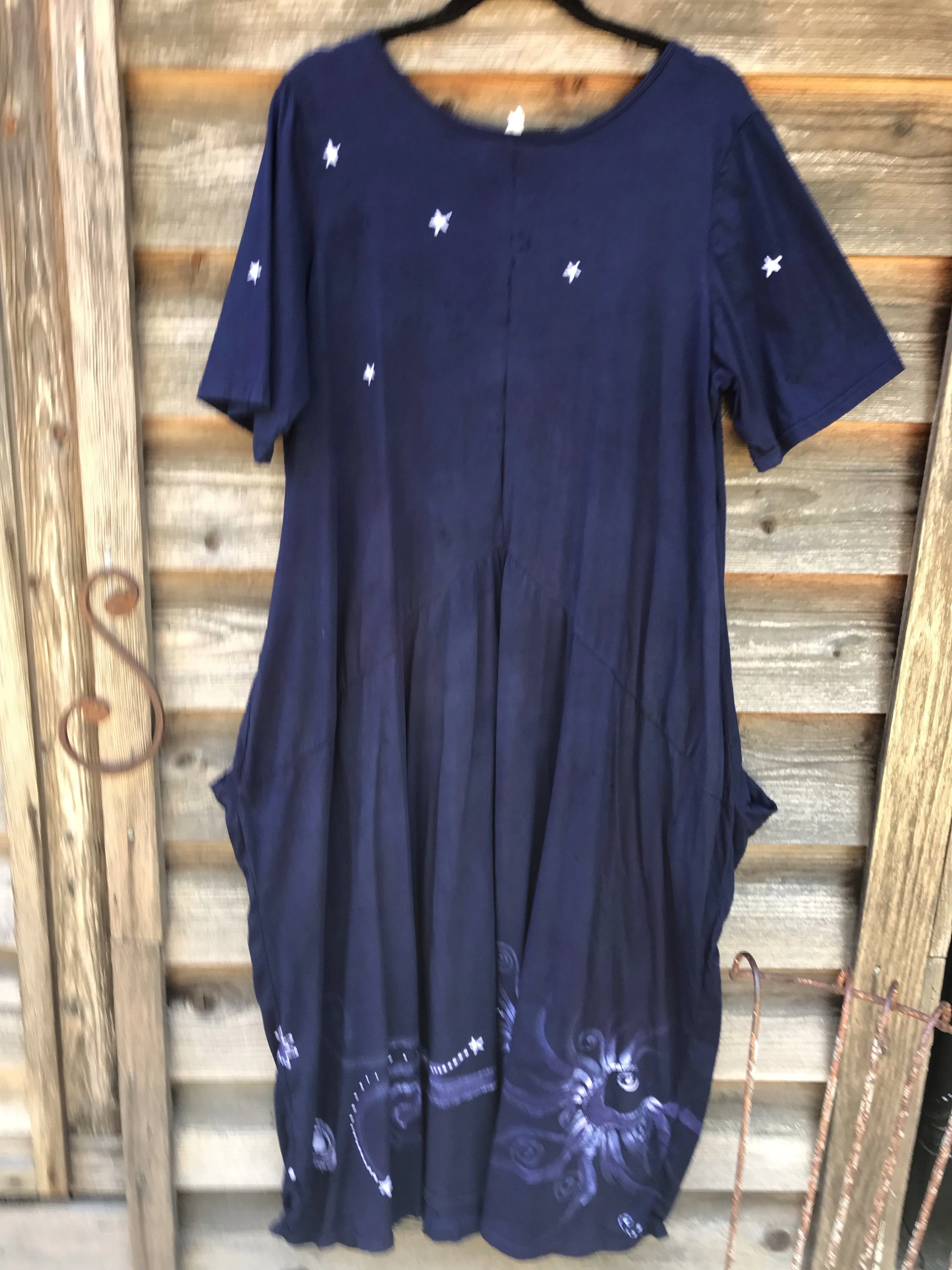 Midnight Moon Tree With Pockets - Short Sleeve Batik Dress - Size 2X