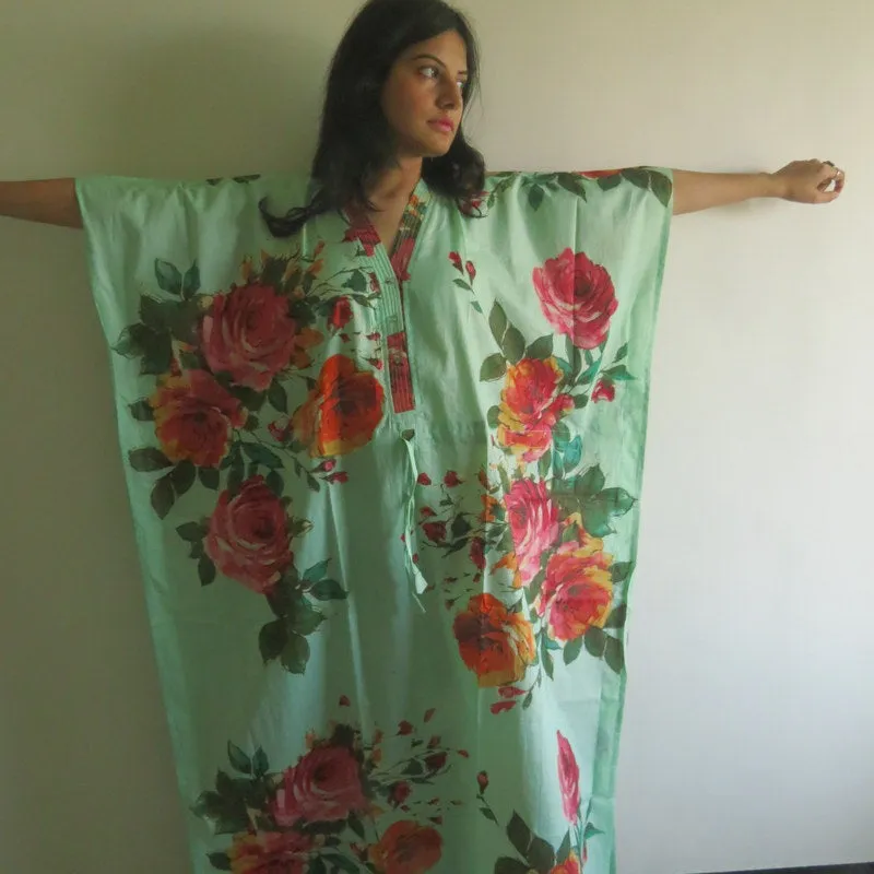 Mint Big Floral V-Neck Button Down to Waist, Ankle Length, Cinched Waist Caftan