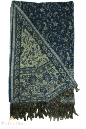 Mirage Blue and Lime Ash-Infused Floral Tibet Shawl - TS9A