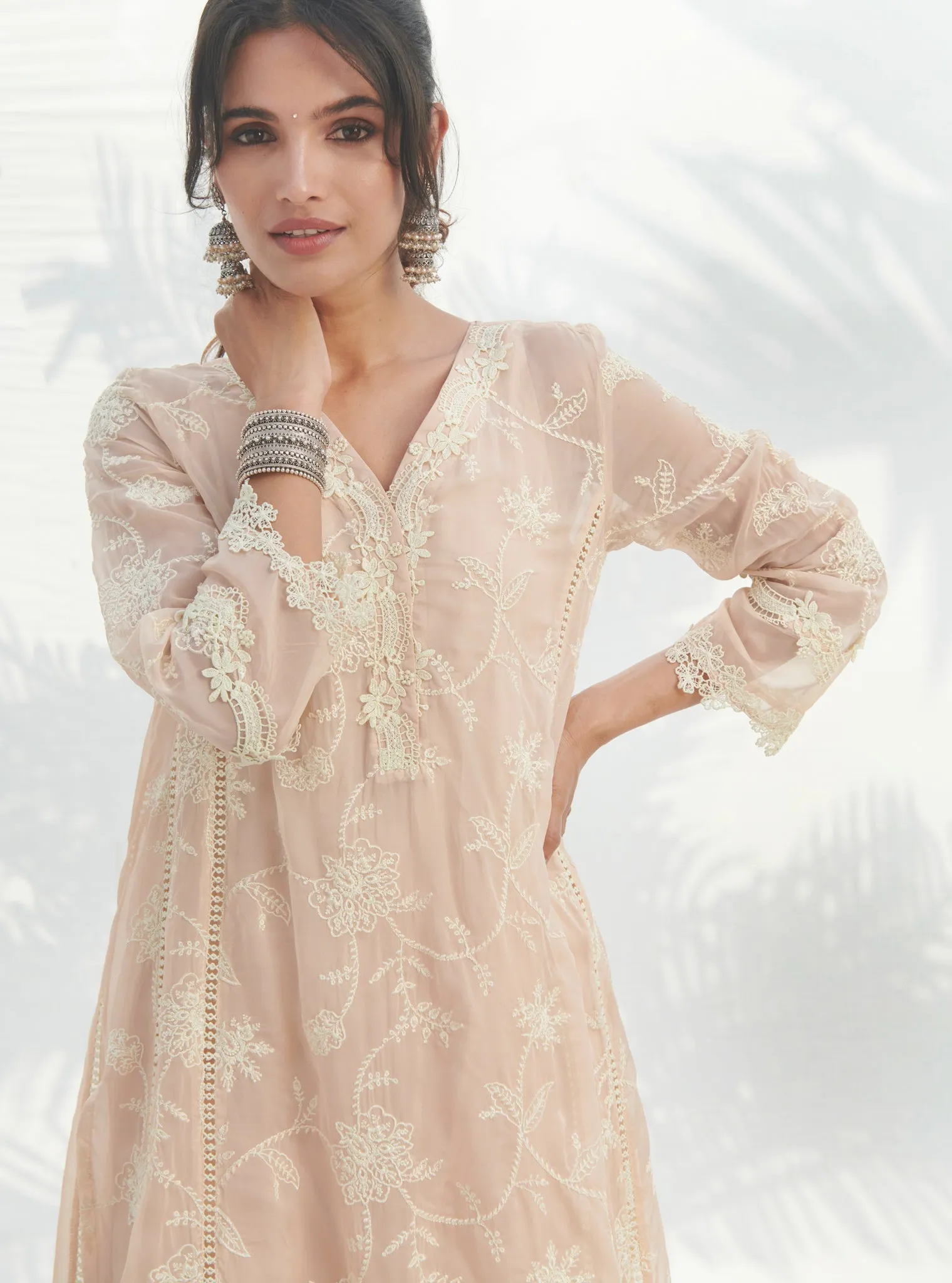 Mulmul Organza Alti Beige Kurta With Mulmul Cotton Alti Beige Pant