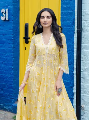 Mulmul Organza Stirling Yellow Anarkali Kurta With Cotton Stirling Yellow Pant