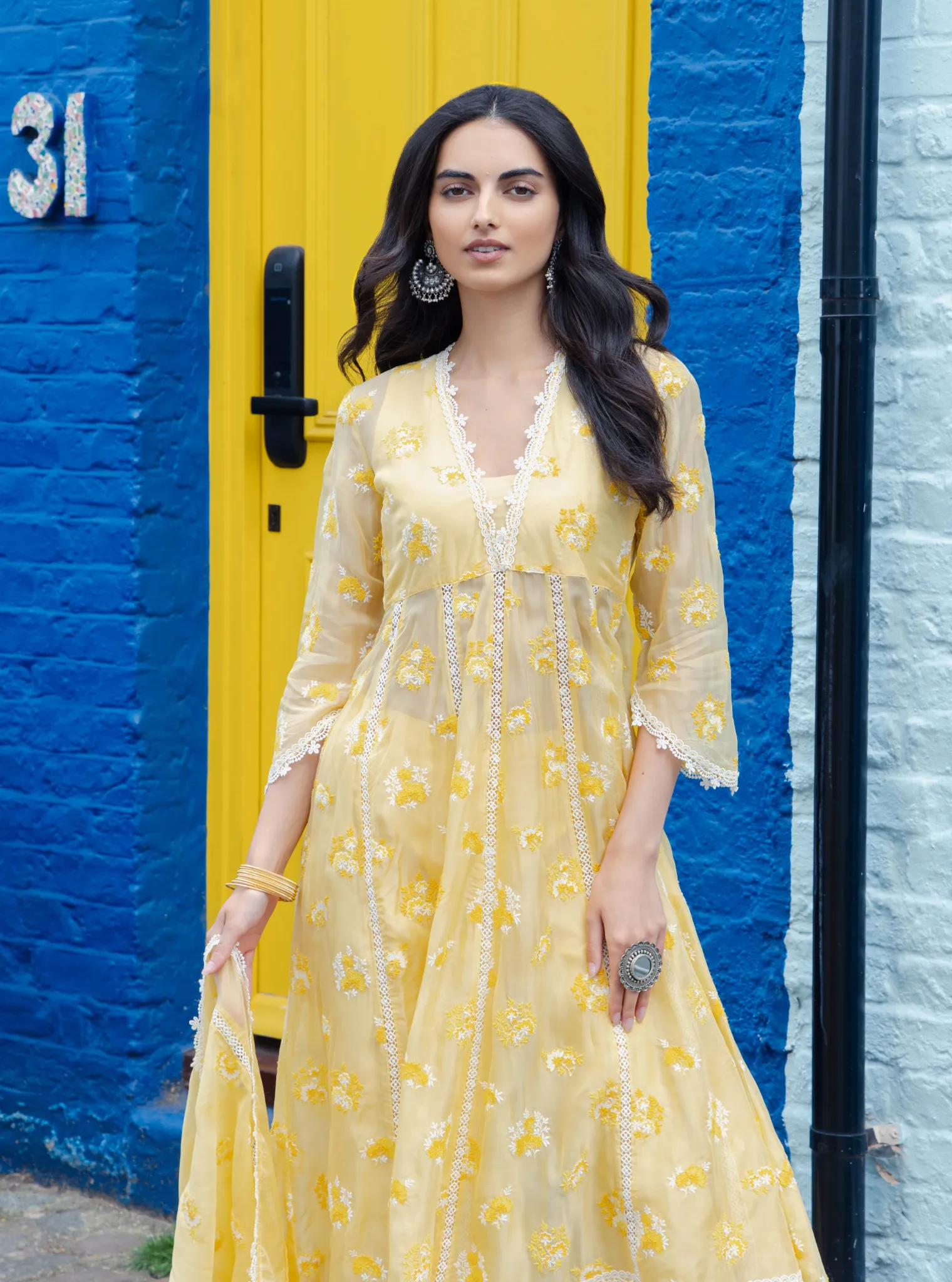 Mulmul Organza Stirling Yellow Anarkali Kurta With Cotton Stirling Yellow Pant
