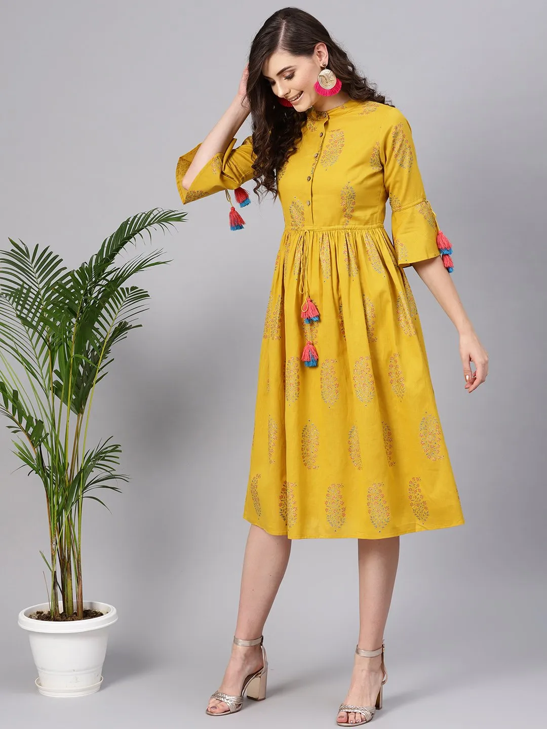Mustard Paisely Drawstring Dress