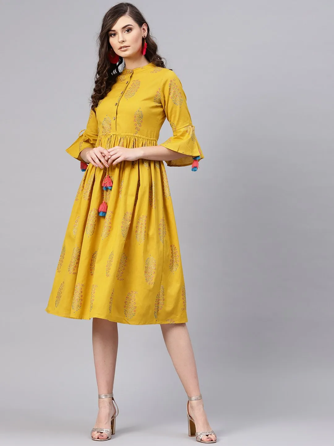 Mustard Paisely Drawstring Dress