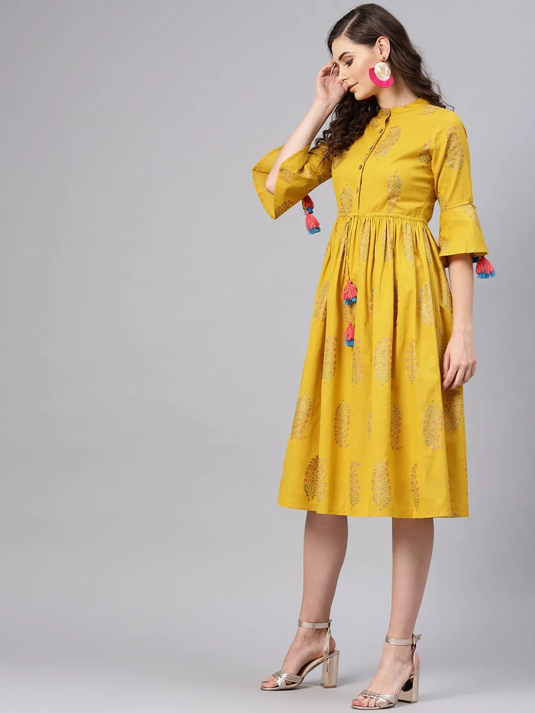 Mustard Paisely Drawstring Dress