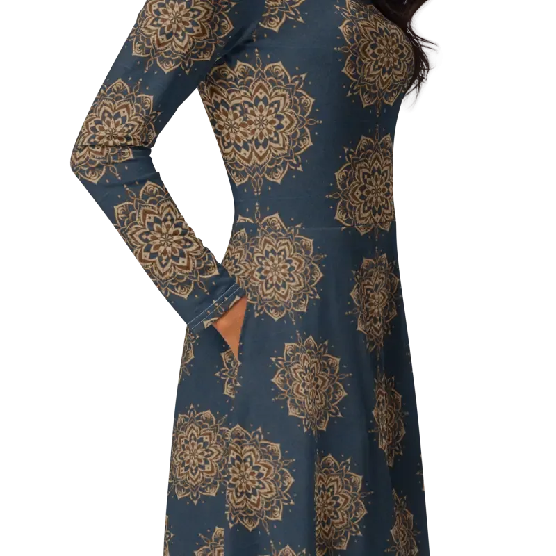 Navy Mandala Long Sleeve Midi Dress