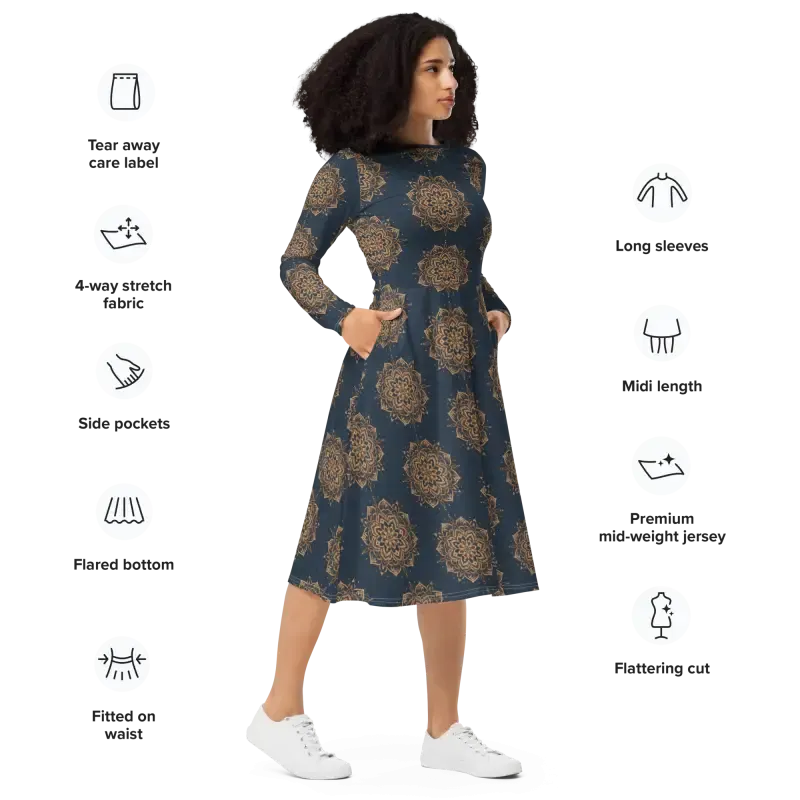 Navy Mandala Long Sleeve Midi Dress