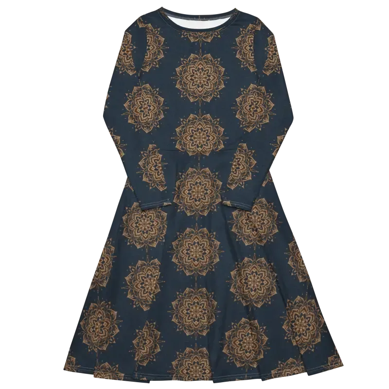 Navy Mandala Long Sleeve Midi Dress
