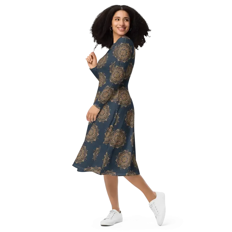 Navy Mandala Long Sleeve Midi Dress
