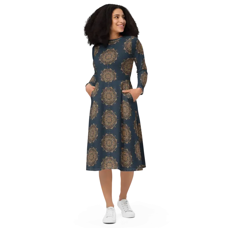 Navy Mandala Long Sleeve Midi Dress