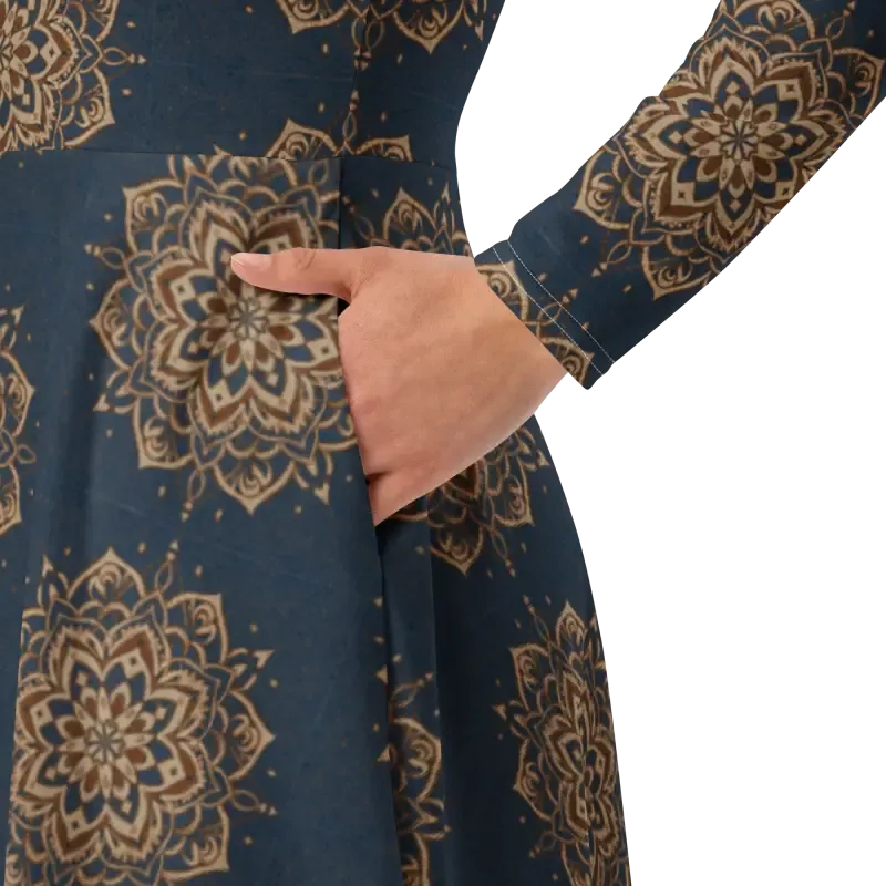 Navy Mandala Long Sleeve Midi Dress