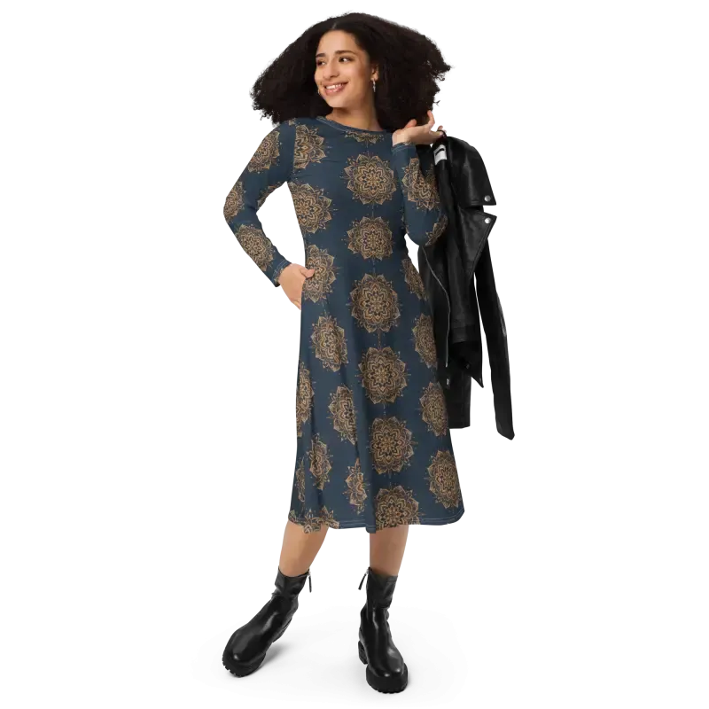 Navy Mandala Long Sleeve Midi Dress