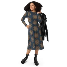 Navy Mandala Long Sleeve Midi Dress