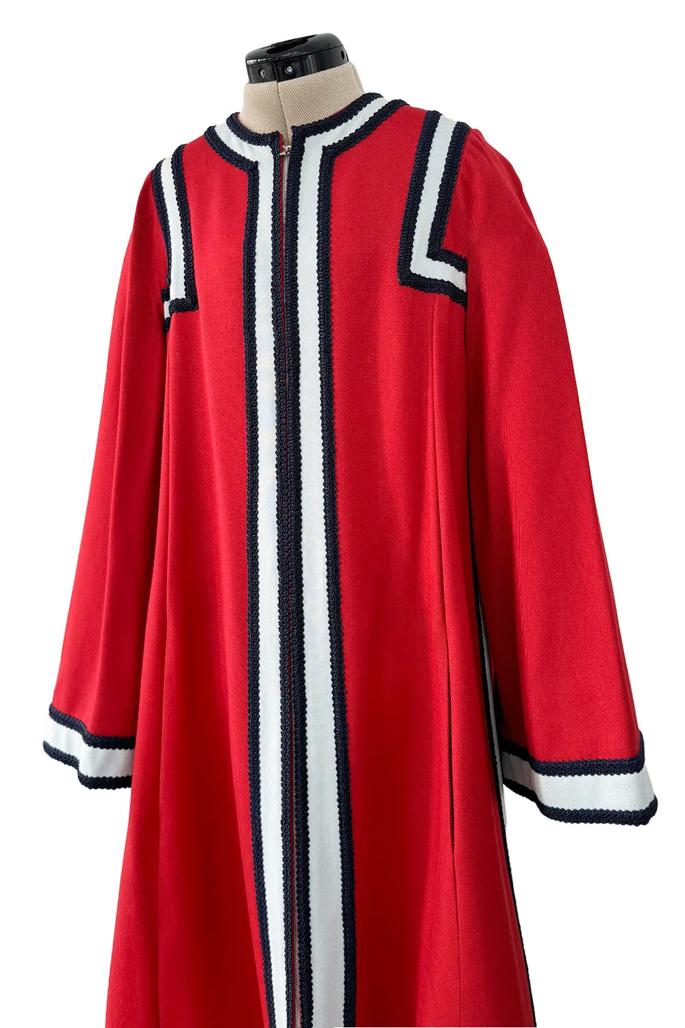 One of Two Identical 1970s Malcolm Starr Red Zipper Front Coats w Applique & Braiding Detail SZ SML