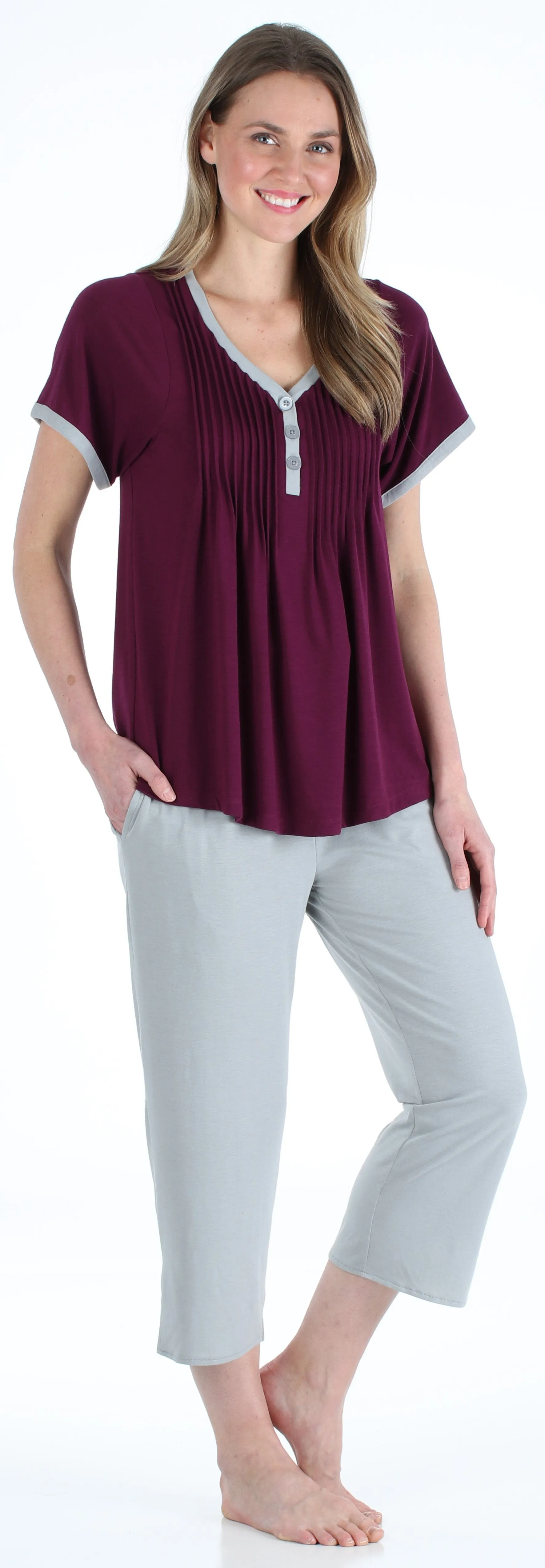 PajamaMania Women's Stretchy Knit V-Neck Top and Capri Pant Pajama Set