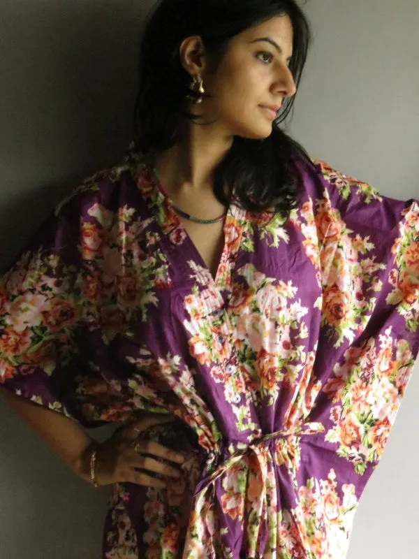 Purple Floral V-Neck Button Down to Waist, Ankle Length, Cinched Waist Caftan