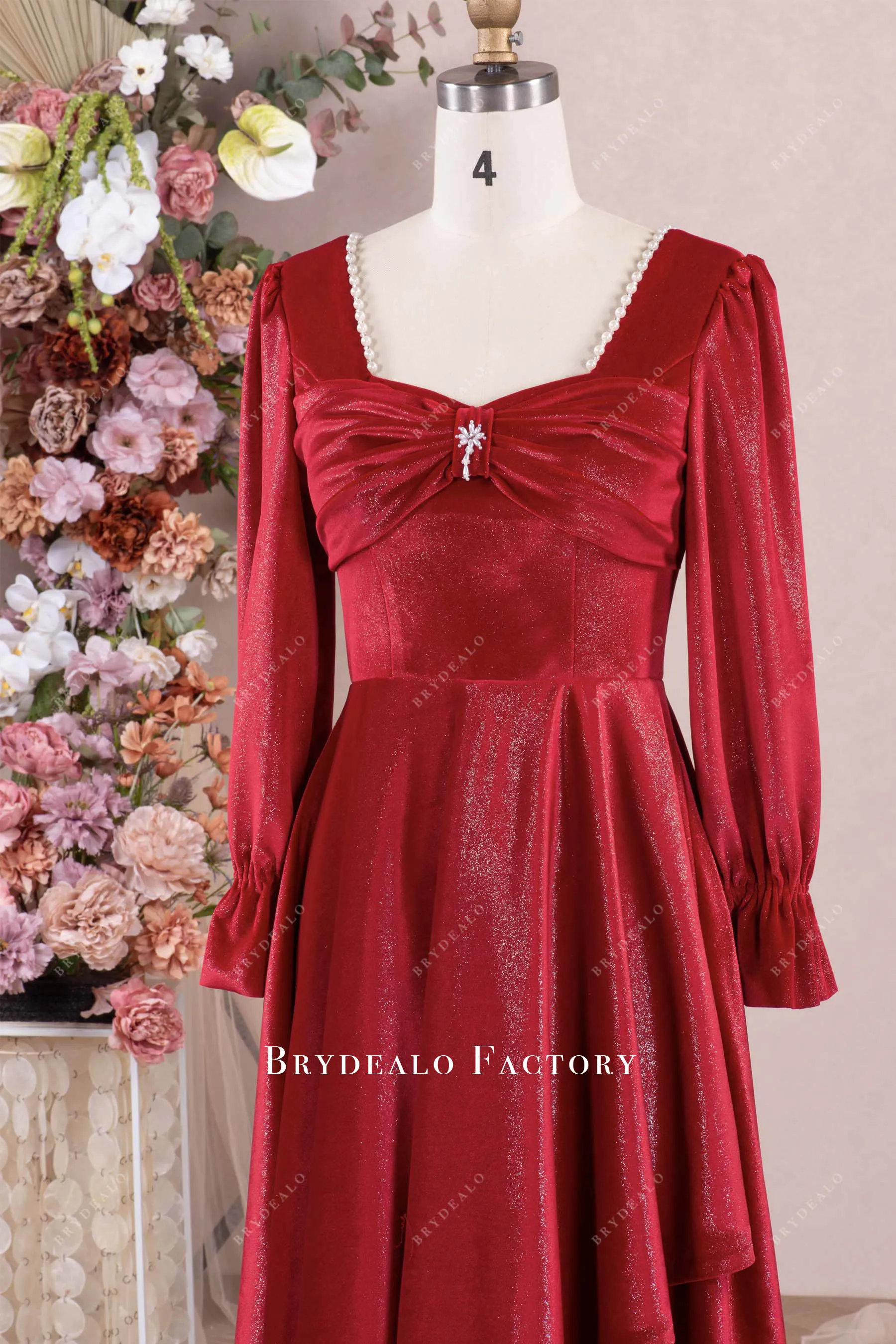 Red Shimmery Velvet Square Neck Ankle Length Formal Dress