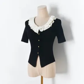 Ruffles Slim Cardigans Women Contrast Color Patchwork Vintage Spring Summer Sweaters Elegant Korean Chaquetas B-060