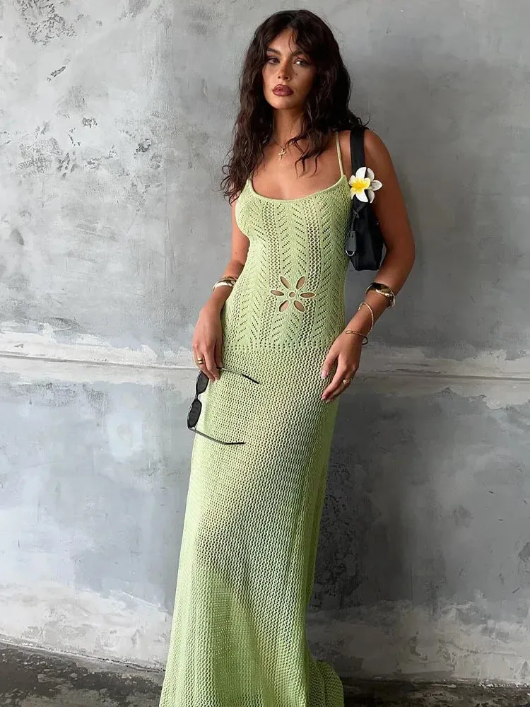 Sexy Crochet Summer Dress Beach Vacation Outfits for Women 2024 Hollow Knit Halter Backless Maxi Dresses C16-FH46