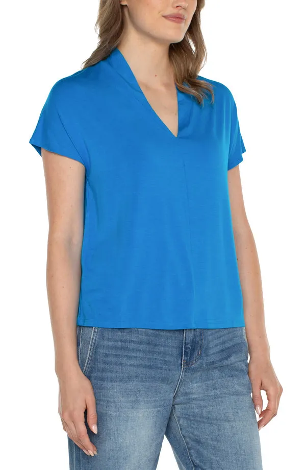 Shawl Collar Short Sleeve Dolman Knit Top - Diva Blue