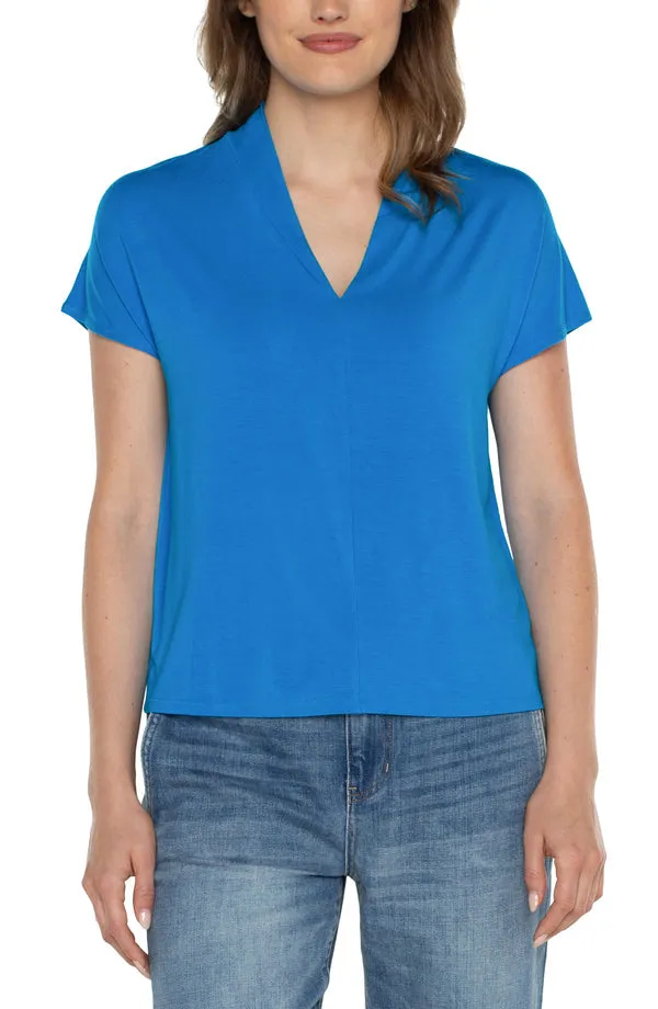 Shawl Collar Short Sleeve Dolman Knit Top - Diva Blue