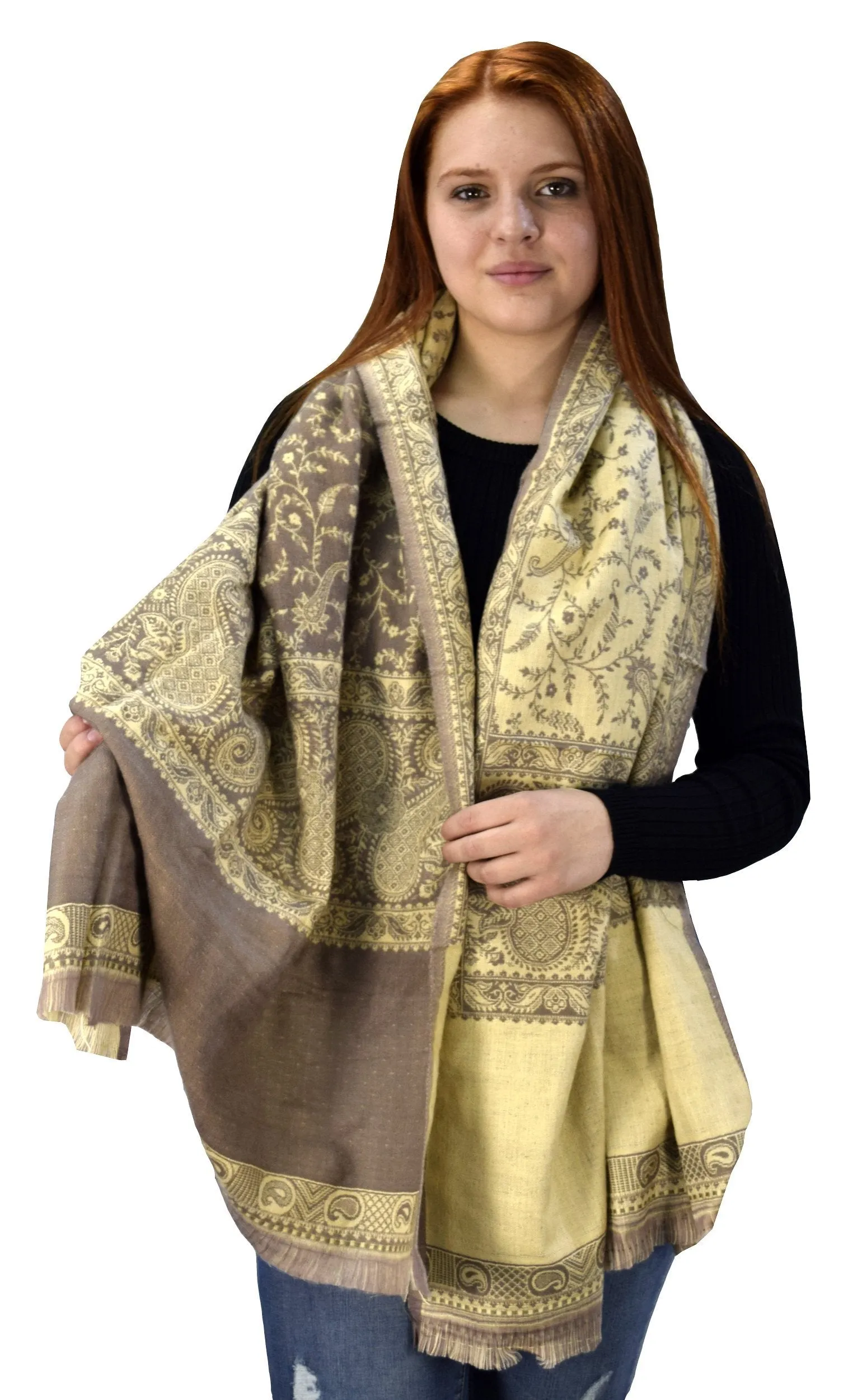 Thick 4 Ply Blanket Scarf Reversible Paisley Pashmina Thick Scarf Wrap Shawl Brown/Tan