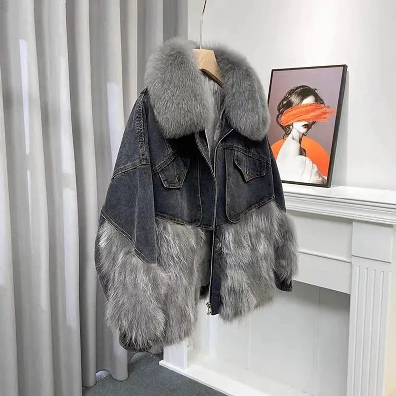 Toleet-Winter Outfits Christmas Black Friday 2024 Winter New Faux Fox Fur Parka Patchwork Fur Jacket Casual Large Fur Collar Coat Thickened denim Outerwear Coat