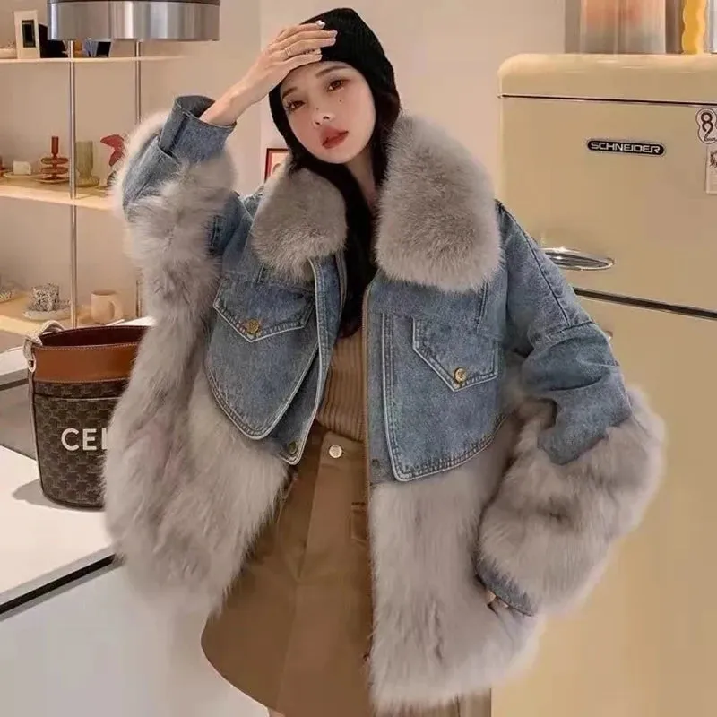 Toleet-Winter Outfits Christmas Black Friday 2024 Winter New Faux Fox Fur Parka Patchwork Fur Jacket Casual Large Fur Collar Coat Thickened denim Outerwear Coat