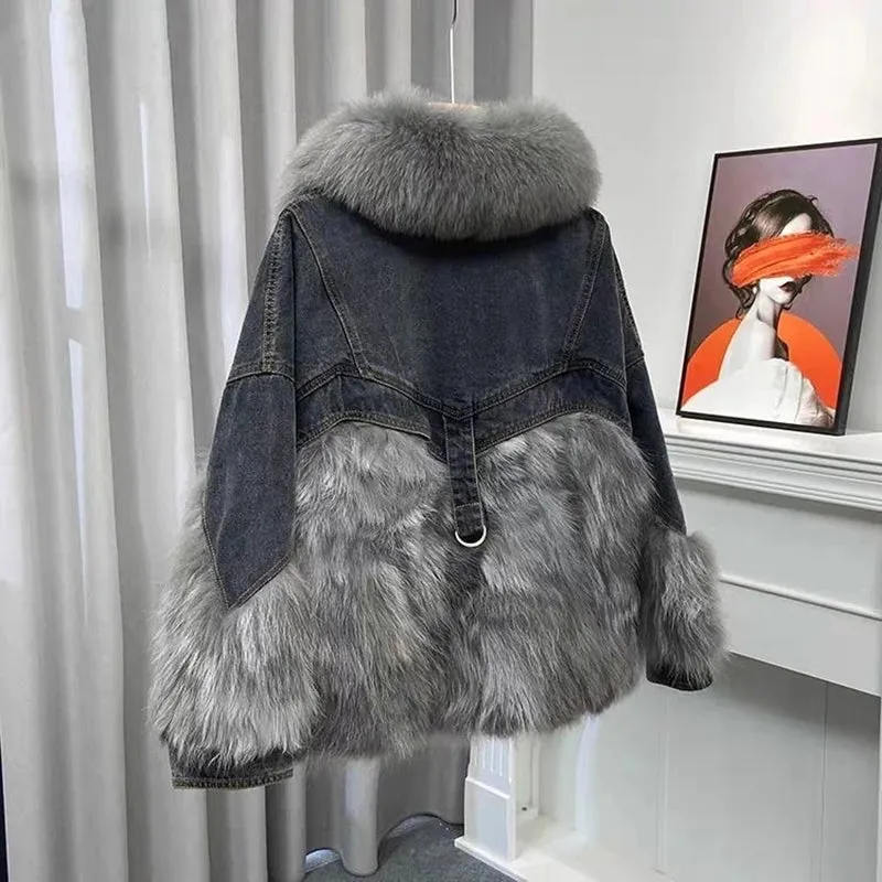 Toleet-Winter Outfits Christmas Black Friday 2024 Winter New Faux Fox Fur Parka Patchwork Fur Jacket Casual Large Fur Collar Coat Thickened denim Outerwear Coat