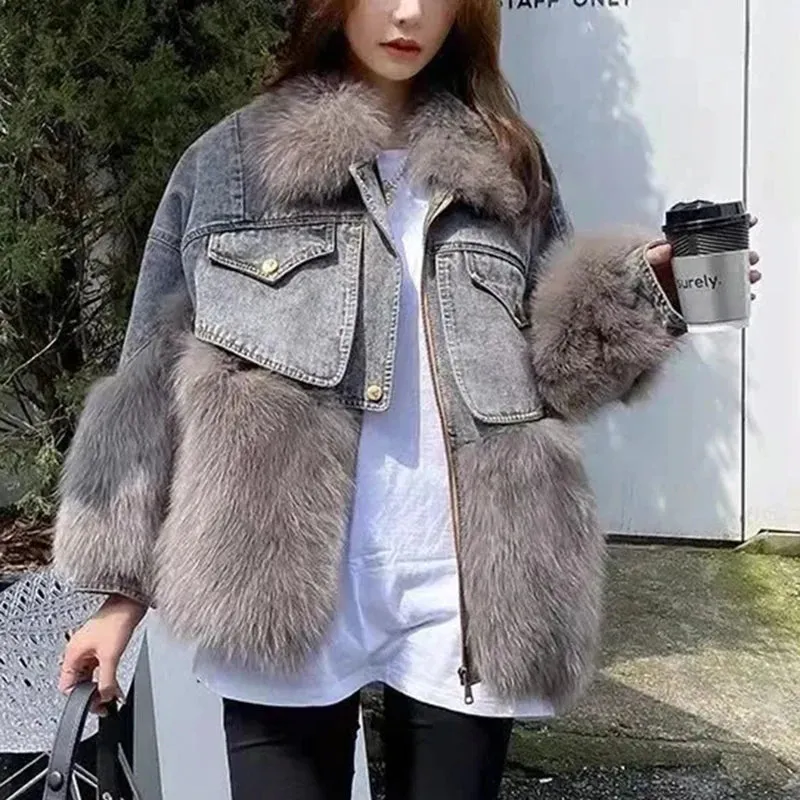 Toleet-Winter Outfits Christmas Black Friday 2024 Winter New Faux Fox Fur Parka Patchwork Fur Jacket Casual Large Fur Collar Coat Thickened denim Outerwear Coat