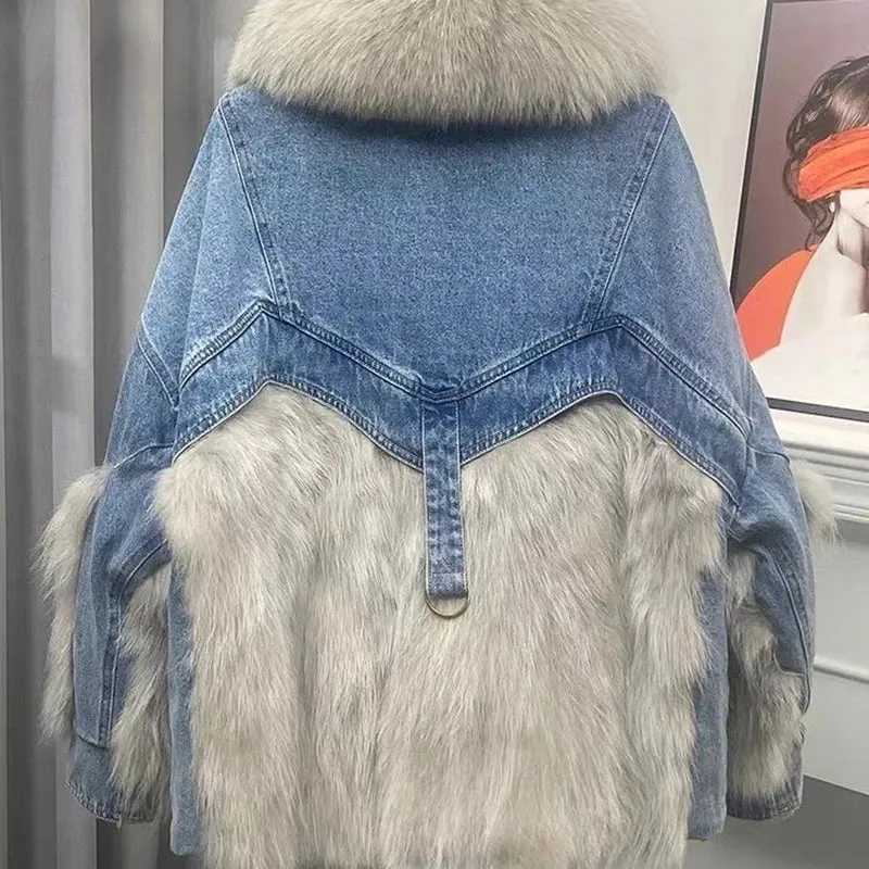 Toleet-Winter Outfits Christmas Black Friday 2024 Winter New Faux Fox Fur Parka Patchwork Fur Jacket Casual Large Fur Collar Coat Thickened denim Outerwear Coat