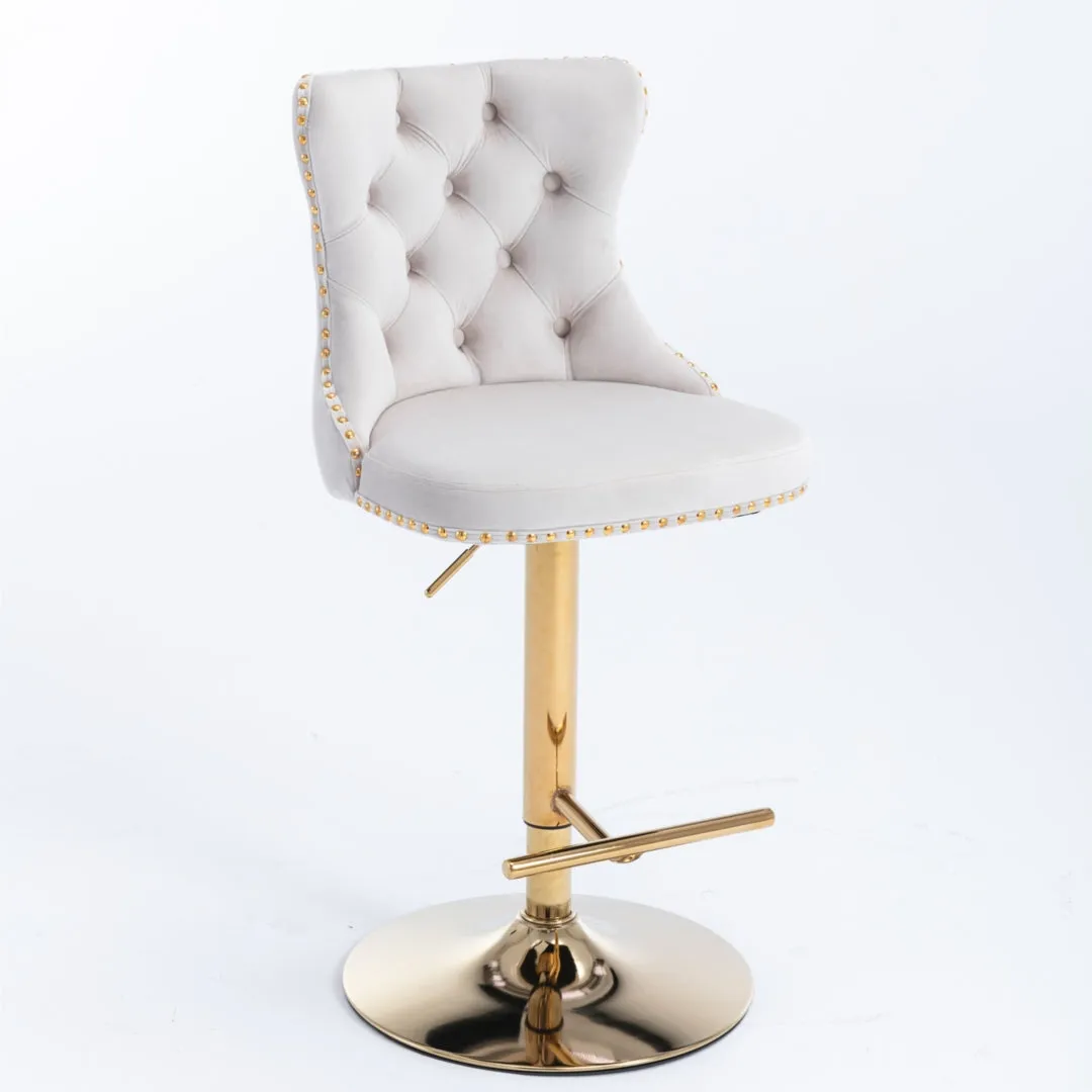 Two Height Adjustable Swivel Bar Stool Velvet Studs Barstool with Footrest and Golden Base- Beige