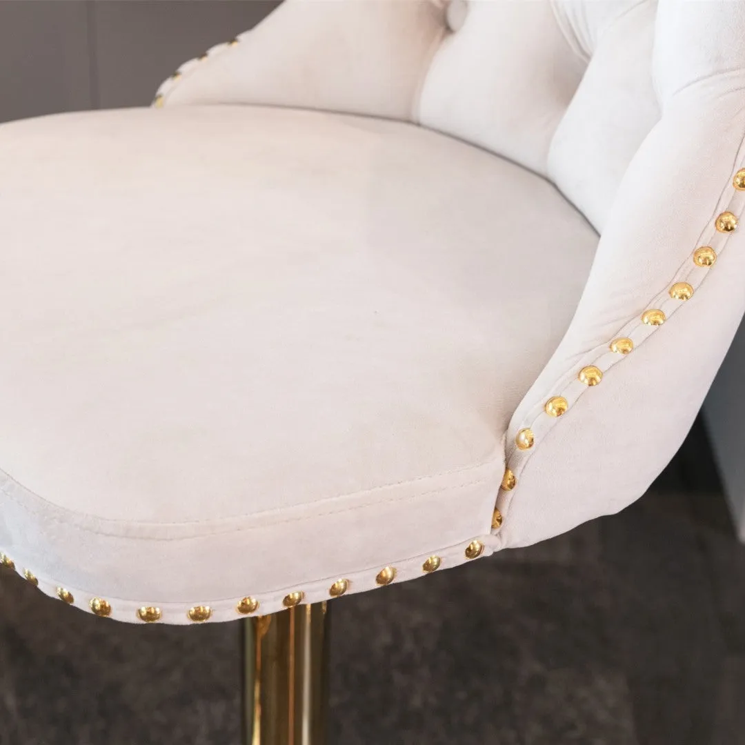 Two Height Adjustable Swivel Bar Stool Velvet Studs Barstool with Footrest and Golden Base- Beige