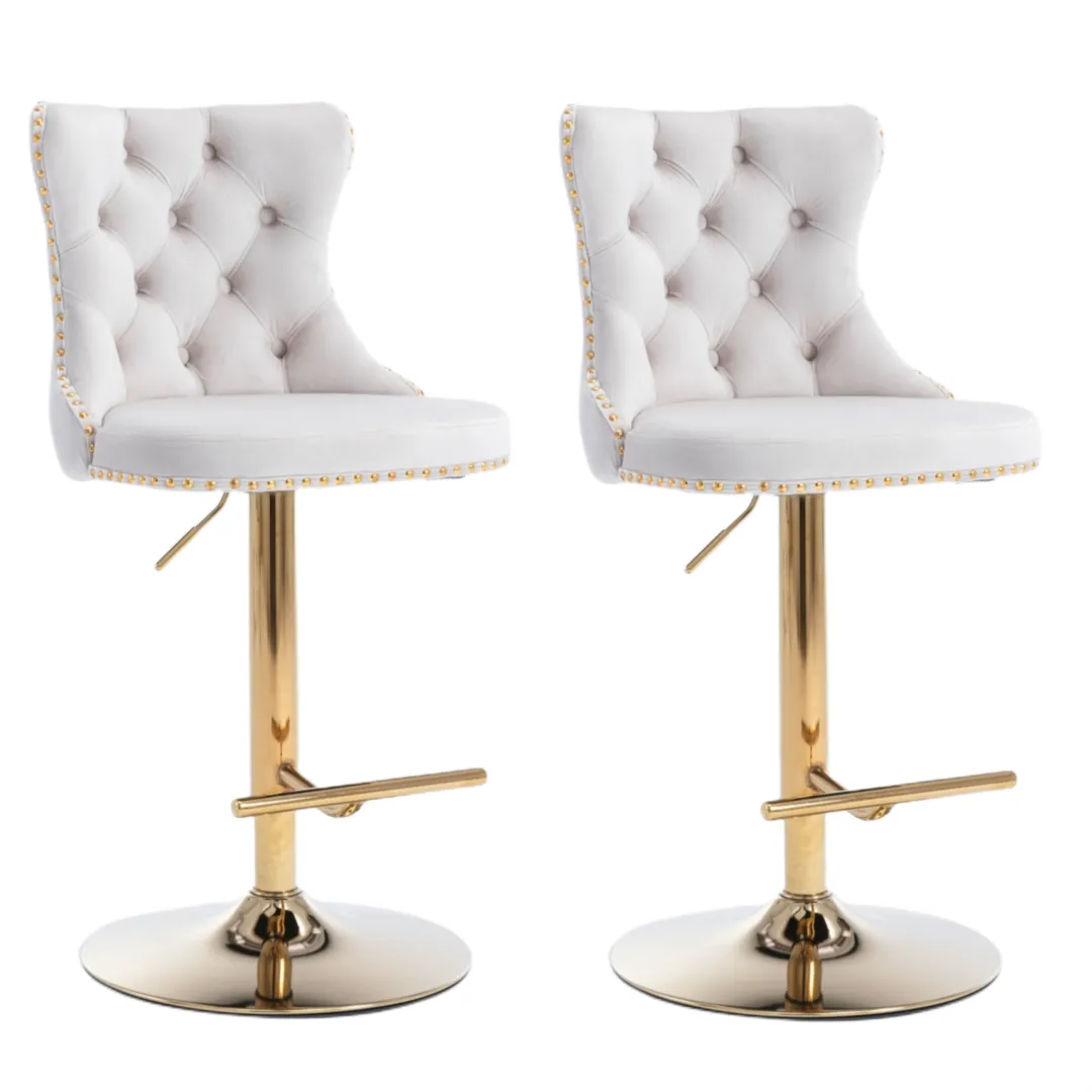 Two Height Adjustable Swivel Bar Stool Velvet Studs Barstool with Footrest and Golden Base- Beige