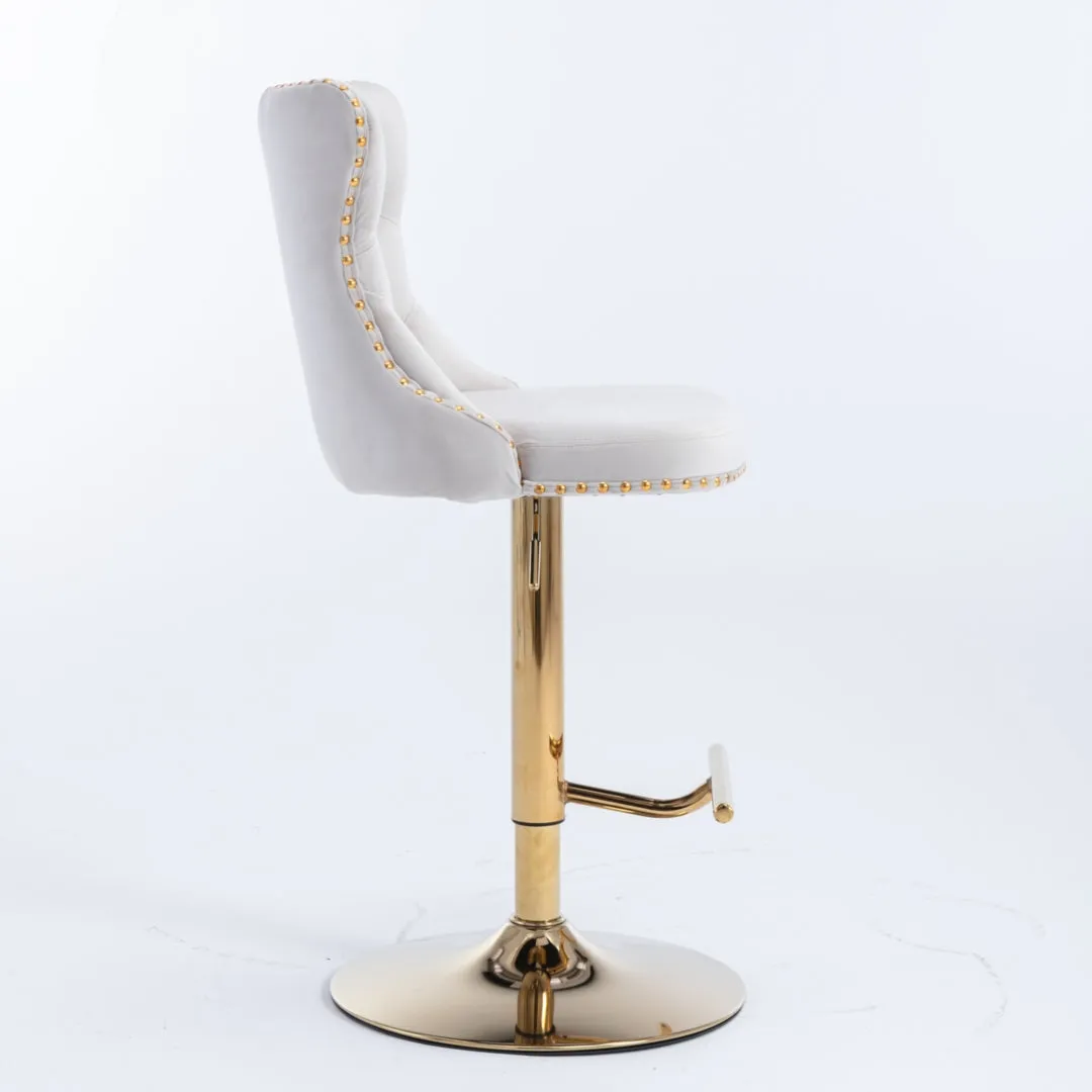 Two Height Adjustable Swivel Bar Stool Velvet Studs Barstool with Footrest and Golden Base- Beige