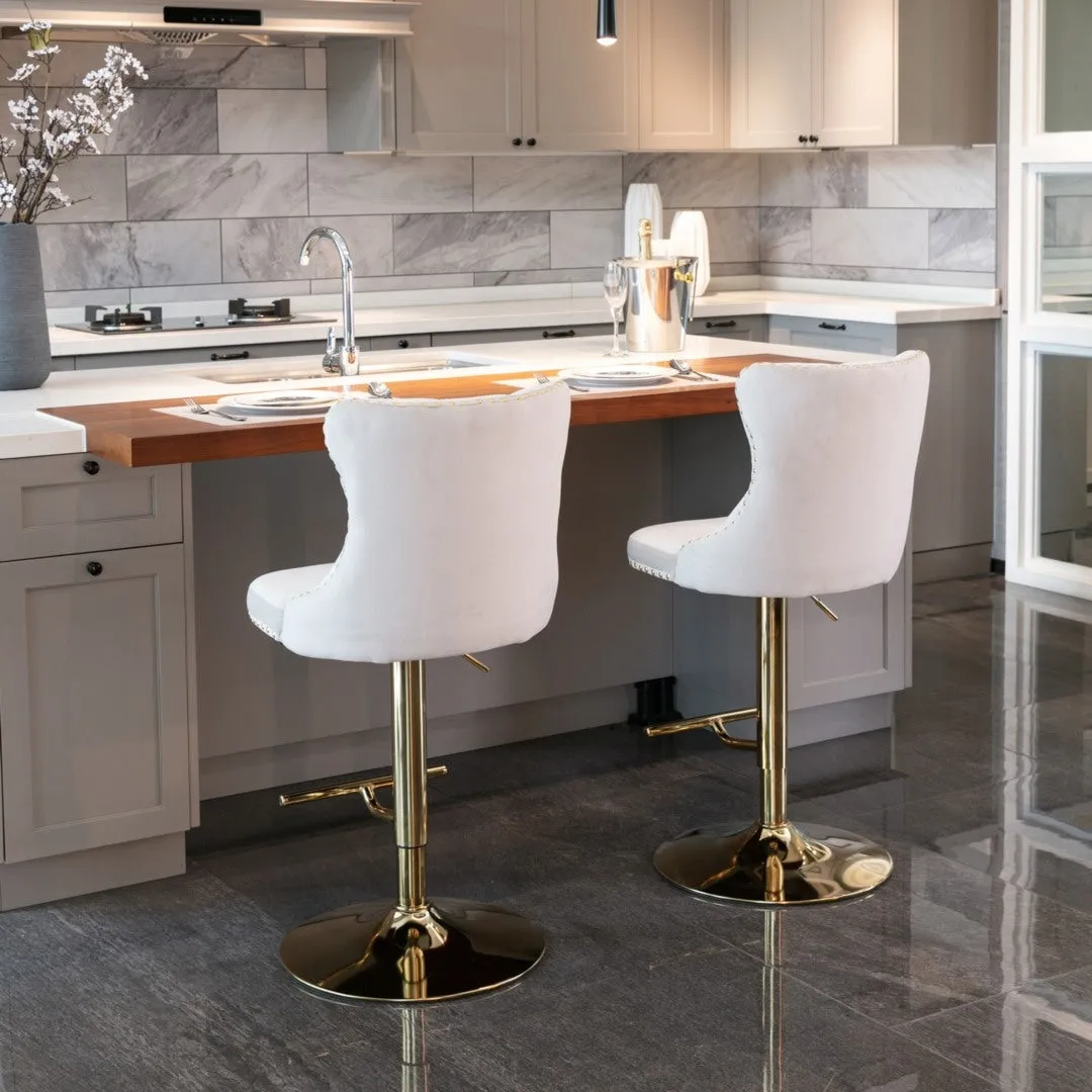 Two Height Adjustable Swivel Bar Stool Velvet Studs Barstool with Footrest and Golden Base- Beige