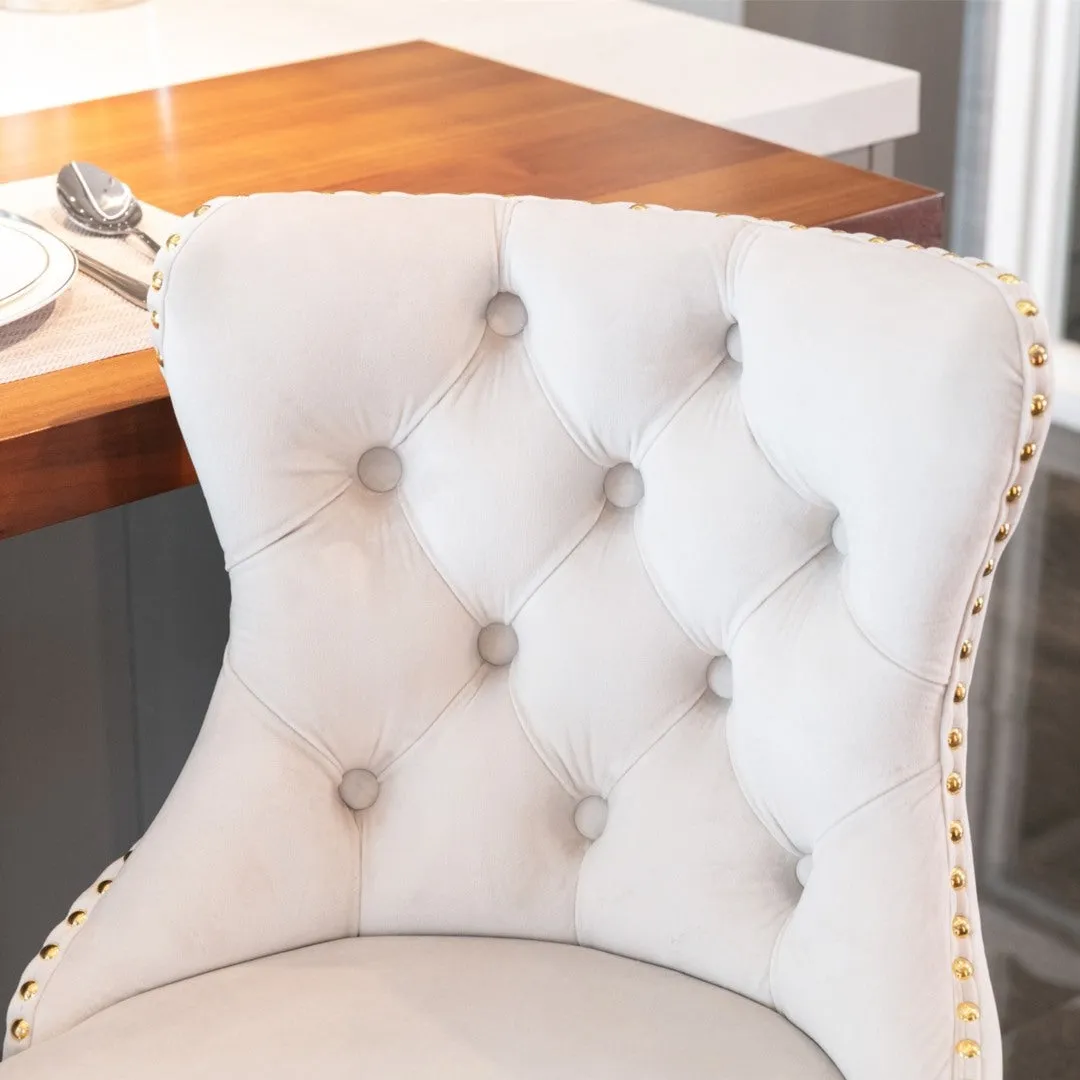 Two Height Adjustable Swivel Bar Stool Velvet Studs Barstool with Footrest and Golden Base- Beige