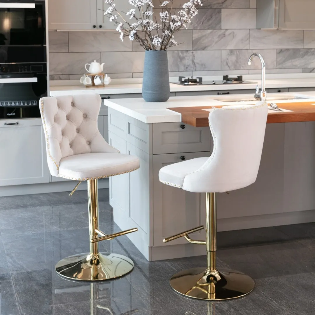 Two Height Adjustable Swivel Bar Stool Velvet Studs Barstool with Footrest and Golden Base- Beige