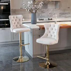 Two Height Adjustable Swivel Bar Stool Velvet Studs Barstool with Footrest and Golden Base- Beige