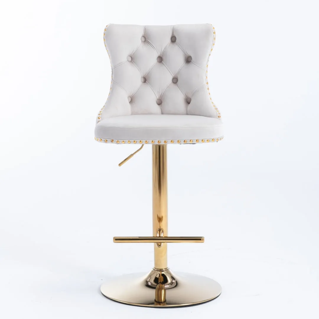 Two Height Adjustable Swivel Bar Stool Velvet Studs Barstool with Footrest and Golden Base- Beige