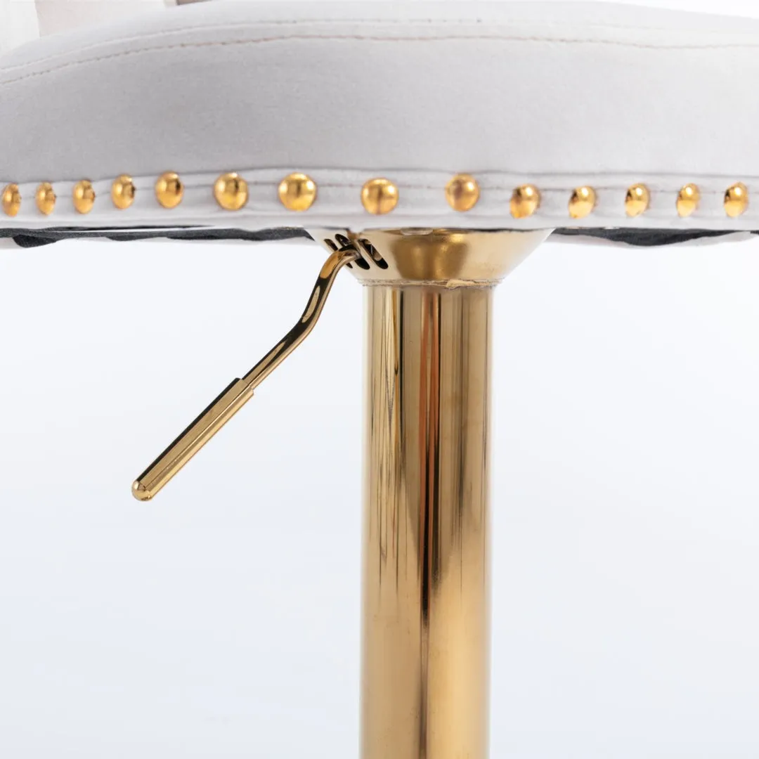 Two Height Adjustable Swivel Bar Stool Velvet Studs Barstool with Footrest and Golden Base- Beige