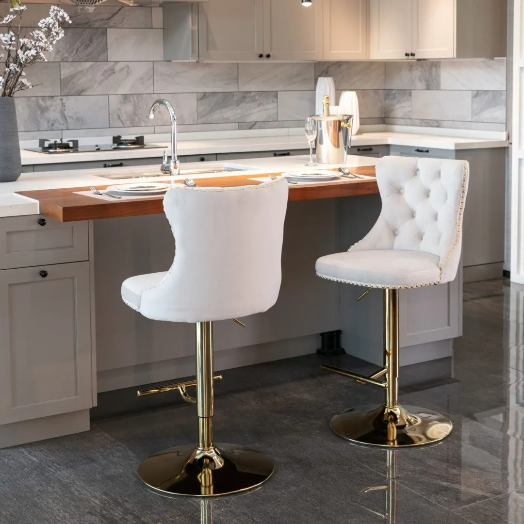 Two Height Adjustable Swivel Bar Stool Velvet Studs Barstool with Footrest and Golden Base- Beige